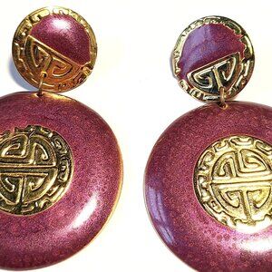 Signed Berebi Enamel Earrings Purple Gold Tone Metal Dangle Pierced Retro Vtg 3"